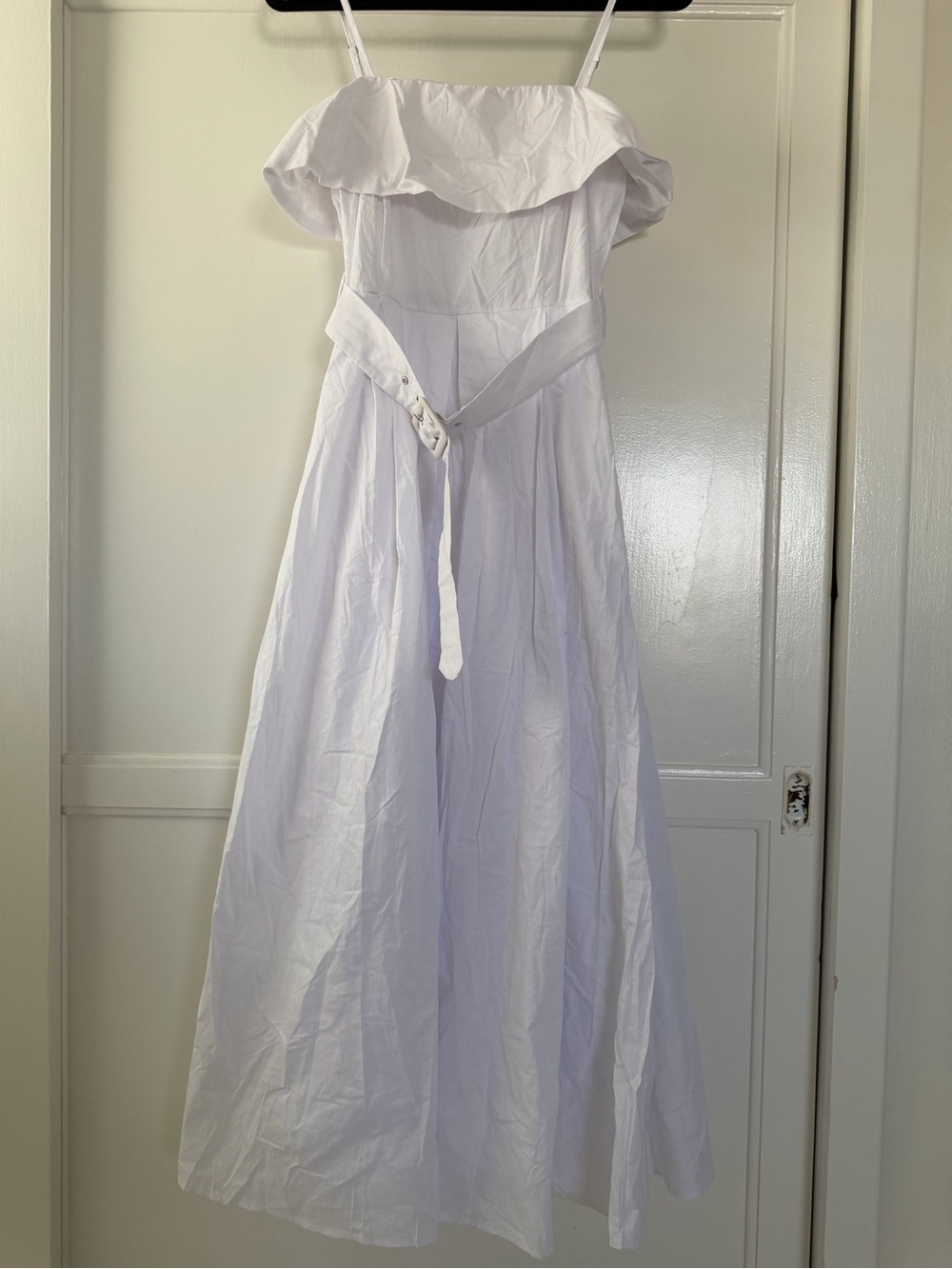 White Ruffle-Top Dress with Belt